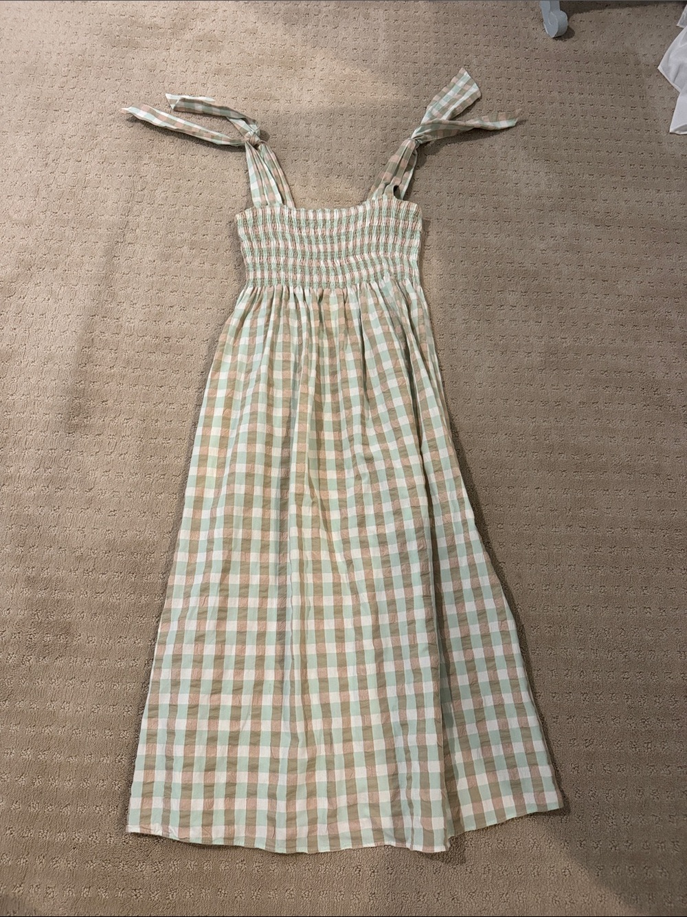 Womens Green and Cream Gingham Tie-Shoulder Sundress